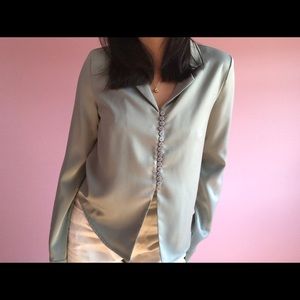 Satin button up shirt blouse in greyish green